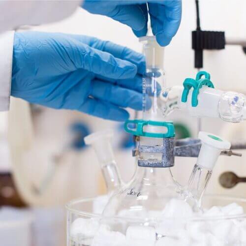 Gloved hands adjust a beaker in a lab